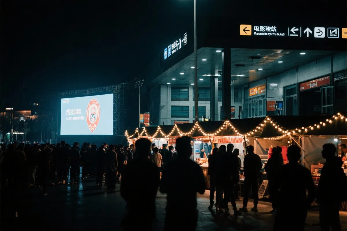 费城球迷广场夜景：大屏观赛人群、步行指示牌与公共交通入口